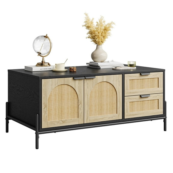 Luku Rattan Coffee Table with LED Lights - Mid Century Modern Design with 2 Storage Drawers & Arched Doors