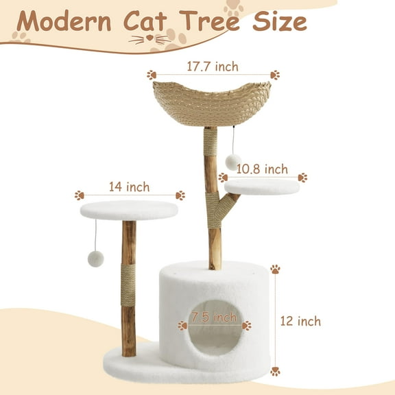 Luku Real Wood Modern Cat Tree Tower, Cat Scratching Post with Bed & Natural Wicker Condo, Luxury Cat Furniture