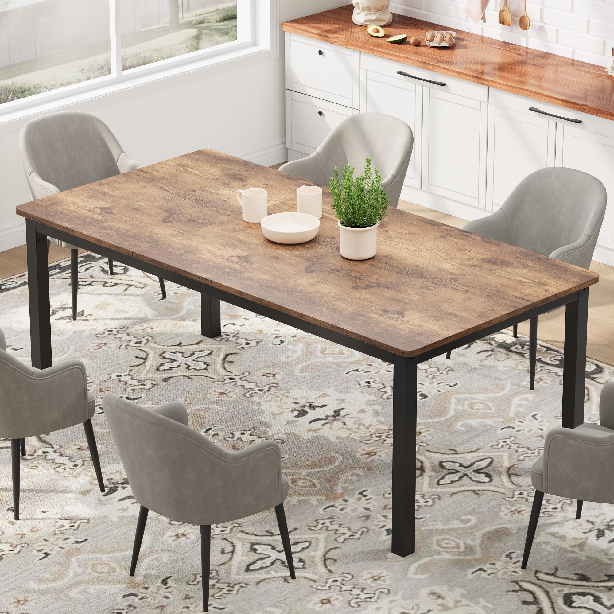 Luku Rectangular Wooden Dining Table, Industrial Style with Metal Legs, Rounded Corners ...