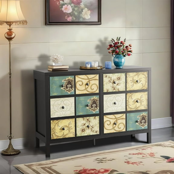 Luku Retro Style 6 Drawer Chest, Thickened MDF Top, Large Storage, Printed Painted Dresser Cabinet