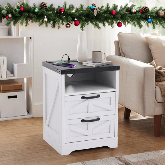 Luku Rustic Farmhouse Nightstand with 2 Drawers & Charging Station, Industrial Bedside Table with USB and Power Outlets for Bedroom Storage