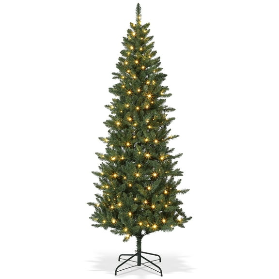 Luku Slim Pre-Lit Artificial Christmas Tree, 6/7.5/9Ft Pencil Pine with Warm LED Lights, Hinged PVC Branches, Sturdy Metal Base, Easy Assembly, Space-Saving Design
