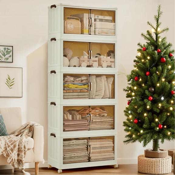 Luku Stackable Storage Bins with Lids, Foldable Plastic Storage Drawers with Magnetic Doors & Wheels, Large Organizer Bins for Closet, Home, Office, Garage