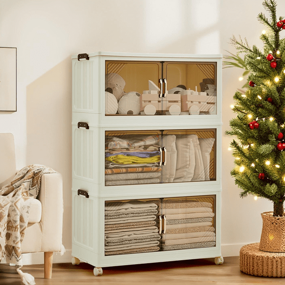 Luku Stackable Storage Bins with Lids, Foldable Plastic Storage Drawers with Magnetic Doors & Wheels, Large Organizer Bins for Closet, Home, Office, Garage