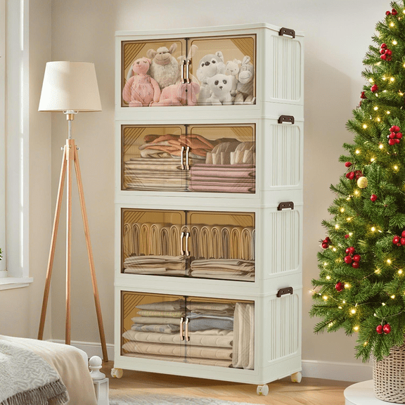 Luku Stackable Storage Bins with Lids, Foldable Plastic Storage Drawers with Magnetic Doors & Wheels, Large Organizer Bins for Closet, Home, Office, Garage