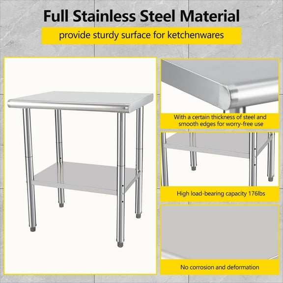 Luku Stainless Steel Prep Table, Commercial Kitchen Workstation with Adjustable Undershelf for Home & Restaurant