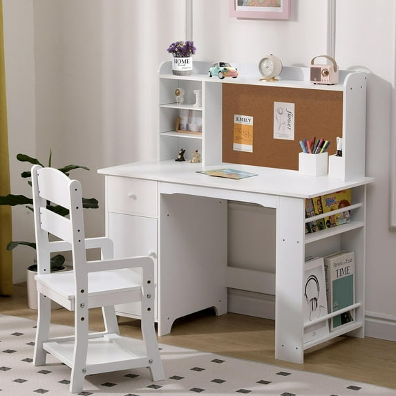 Luku Study Desk and Chair Set with Bookshelf, Bulletin Board, and Cabinets - Ideal for Boys and Girls Ages 3-8