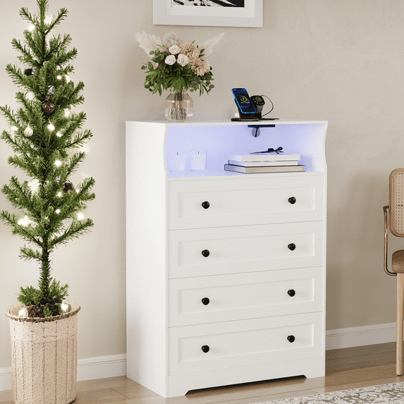 Luku Tall 4 Drawer Wood Dresser with LED Light & USB Charging, Modern Vertical Chest for Bedroom, Closet, Entryway, Nursery, Living Room
