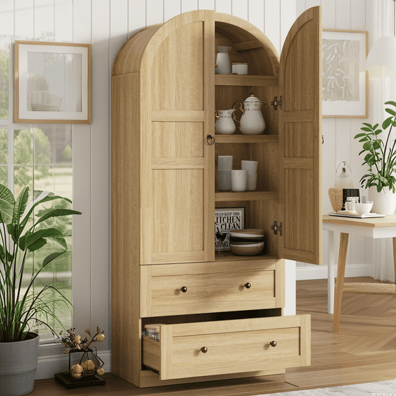 Luku Tall 72 inch Arched Pantry Cabinet, Farmhouse Freestanding Wood Storage with Wood Doors, 2 Drawers, 3 Shelves, Versatile Organizer for Kitchen, Dining, Living Room
