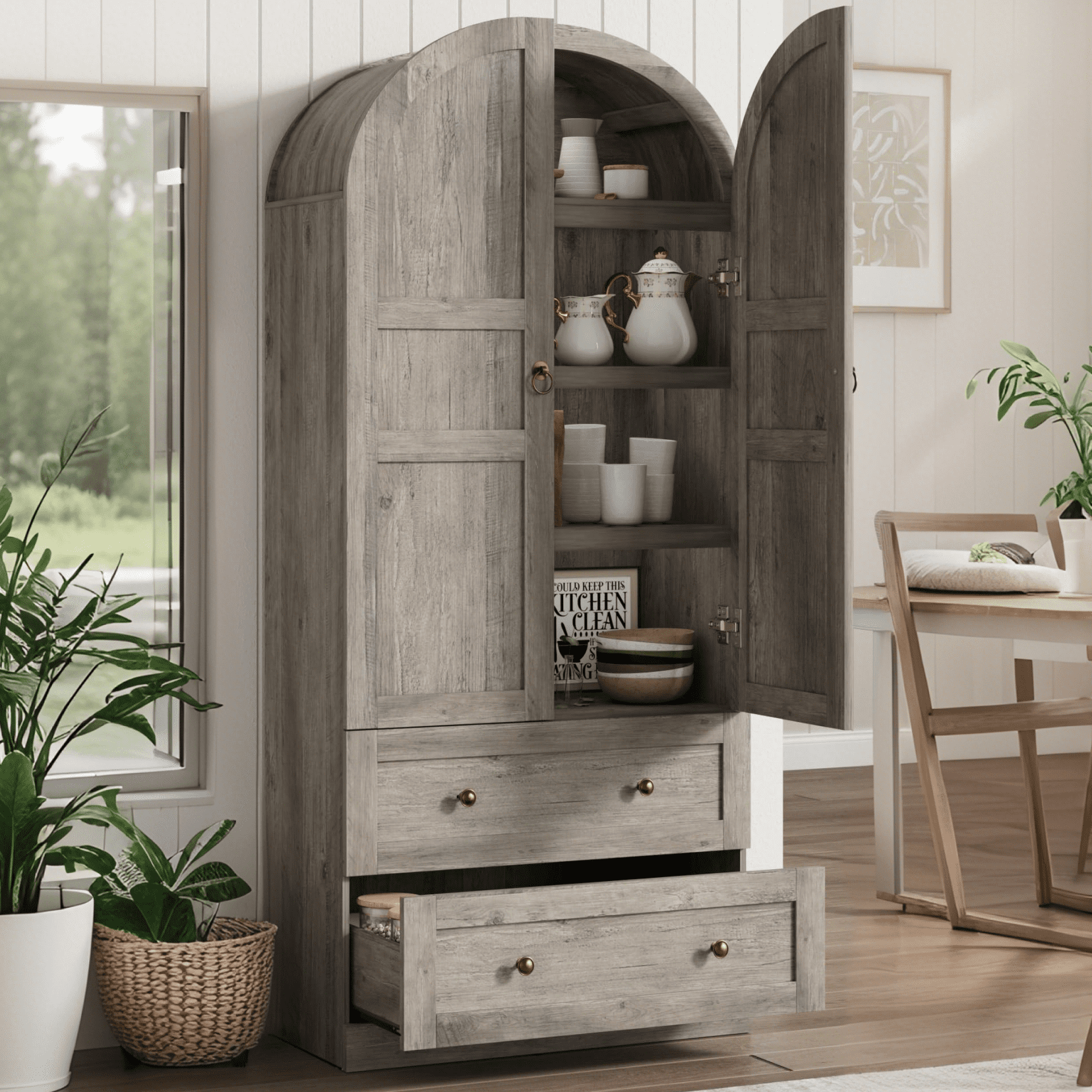 Luku Tall 72 inch Arched Pantry Cabinet, Farmhouse Freestanding Wood Storage with Wood Doors, 2 Drawers, 3 Shelves, Versatile Organizer for Kitchen, Dining, Living Room