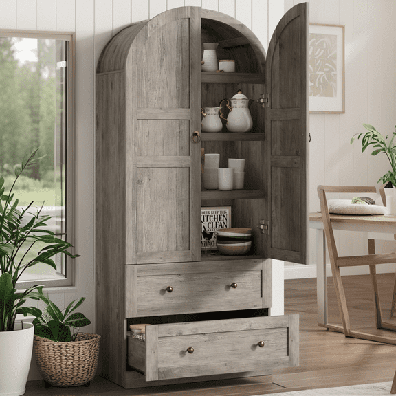Luku Tall 72 inch Arched Pantry Cabinet, Farmhouse Freestanding Wood Storage with Wood Doors, 2 Drawers, 3 Shelves, Versatile Organizer for Kitchen, Dining, Living Room
