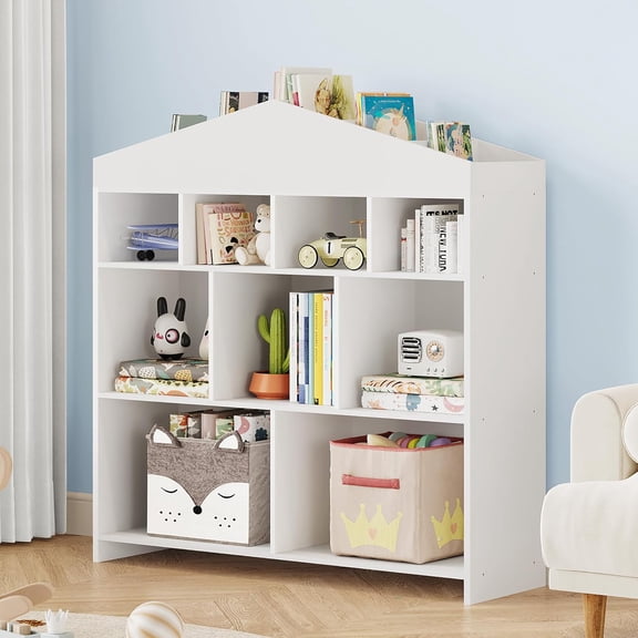 Luku Toy Storage Organizer 9-Cubby Kids Bookshelf 40.7in Width White Bookcase Toddlers Playhouse Cabinet Shelf for Boys Girls Wooden Cubby Storage Toy Shelf for Playroom, Nursery, Kids Room