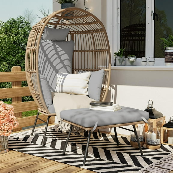 Luku Wicker Egg Chair with Ottoman, 2-Piece Rattan Lounge Set w/Cushion, Indoor Outdoor Patio, 350lbs