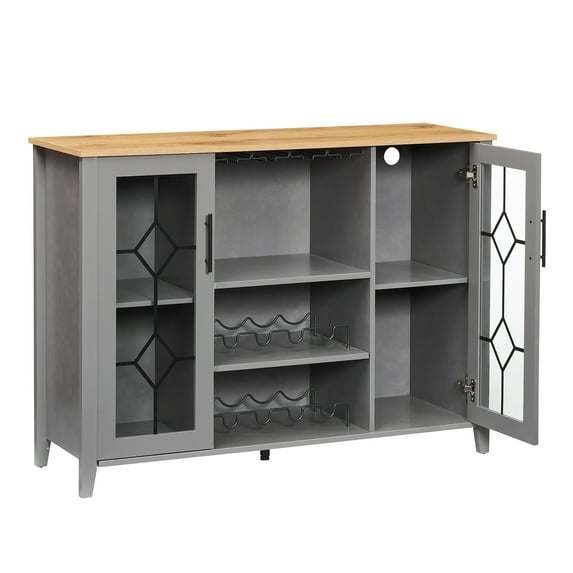 Luku Wine Bar Cabinet with LED Light, Home Coffee Cabinet with Glass Rack, Kitchen Sideboard, Grey
