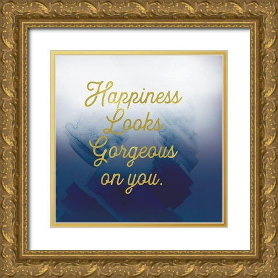 Lula Bijoux and Company 15x15 Gold Ornate Wood Framed with Double Matting Museum Art Print Titled - Happiness Looks Good Navy