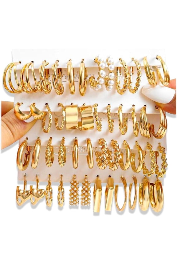 24 Pairs Gold Hoop Earrings Multipack for Women, Mixed Size Minimalist Square Round Cuff Huggie Hoop Earring Set, Hypoallergenic Stackable Gold Plated Ear Jewelry Bulk Gifts