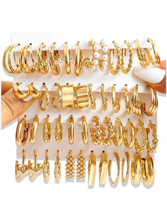 24 Pairs Gold Hoop Earrings Multipack for Women, Mixed Size Minimalist Square Round Cuff Huggie Hoop Earring Set, Hypoallergenic Stackable Gold Plated Ear Jewelry Bulk Gifts