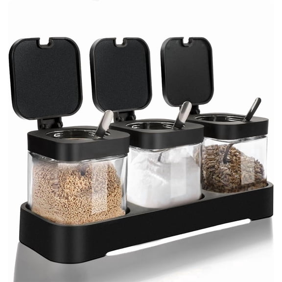 Lulena 3 Pcs Condiment Jar Spice Container with Lids and Spoons, Clear Square Salt and Sugar Container Sets, Seasoning Box Caddy Canisters for Kitchen Toppings Masala Box (Black)