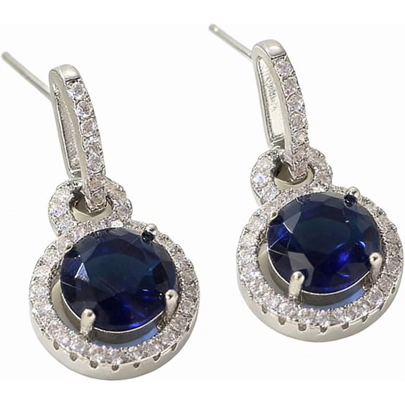 Lulena Blue Oval Gemstone Drop Earrings, Silver Tone Halo Cubic Zirconia Dangle Earrings for Women Party