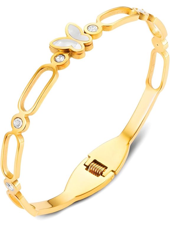 Gold Butterfly Hinged Bangle Bracelet for Women, Paperclip Link Gold Tone Cuff Bracelet