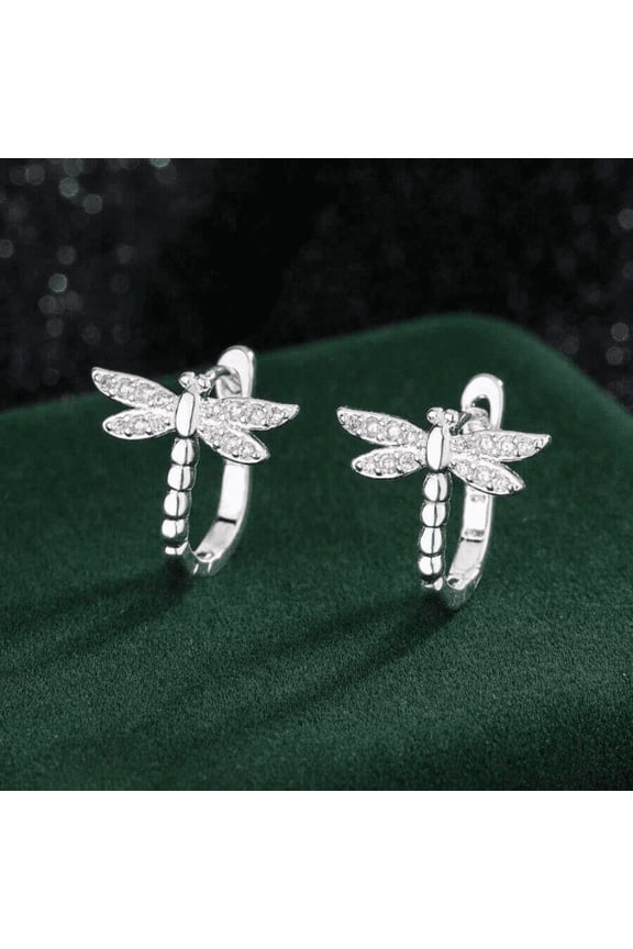 Silver Tone Crystal Dragonfly Hoop Earrings, Dainty Rhinestone Dragonfly U Shape Huggie Ear Cuff Earrings for Women