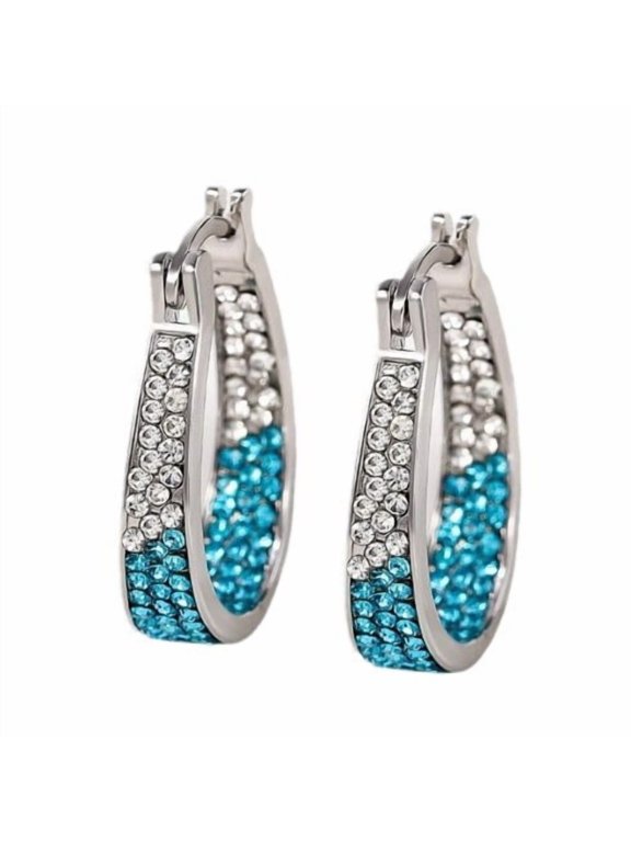 White & Sapphire Blue Paved Crystal Oval Hoop Earrings, Silver Plated Gradient Rhinestone Click Top Circle Earrings for Women
