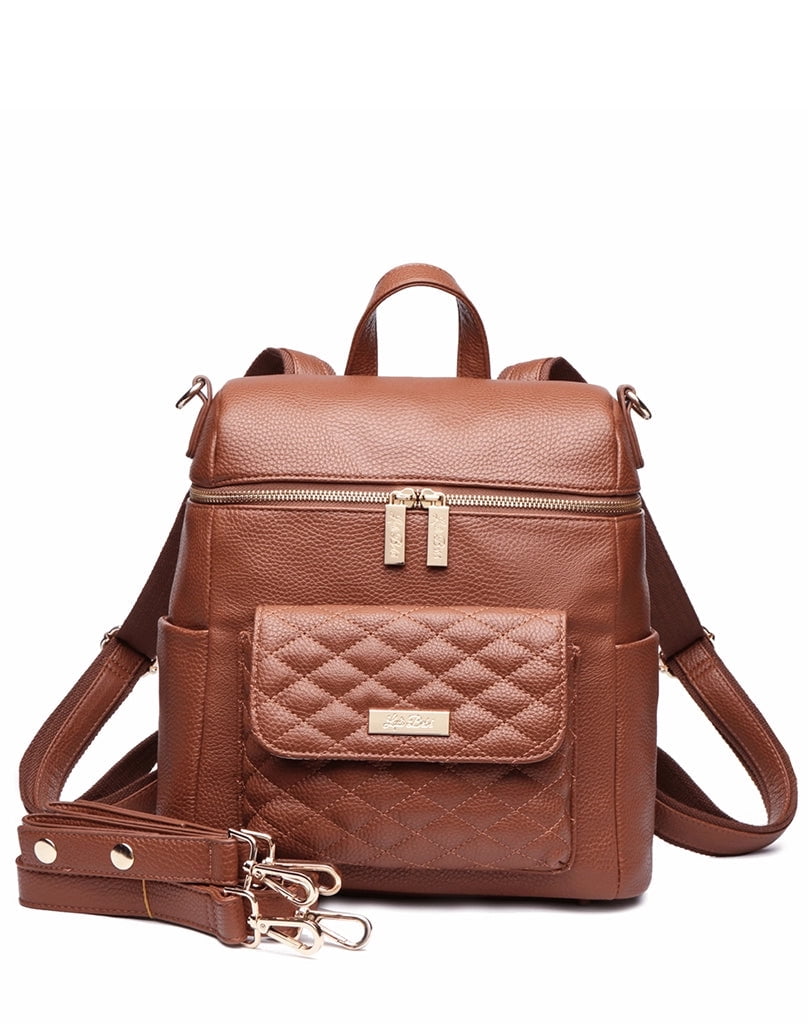 Luli Bebe Petit Monaco Diaper Bag Backpack Storage Bag Stylish Vegan Leather | Caramel Brown