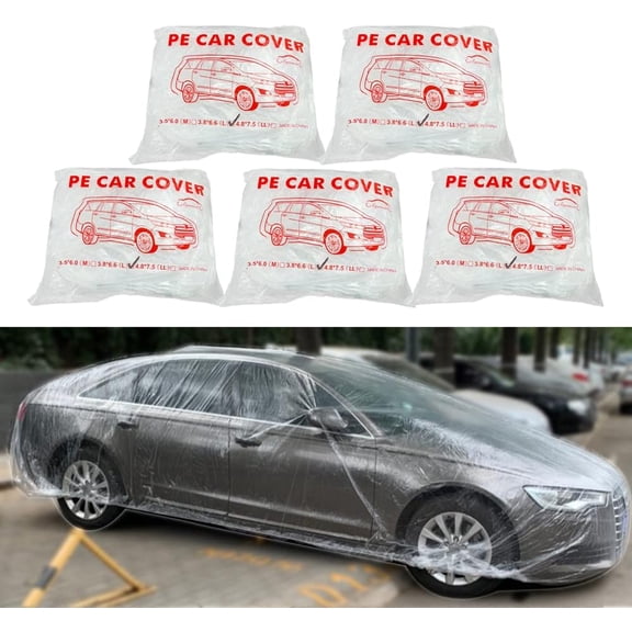 LuliKa 5 Packs Disposable Car Cover Clear Plastic Car Cover Universal Rain Dust Garage Cover with Elastic Band (12.4 FT x 21.6 FT)