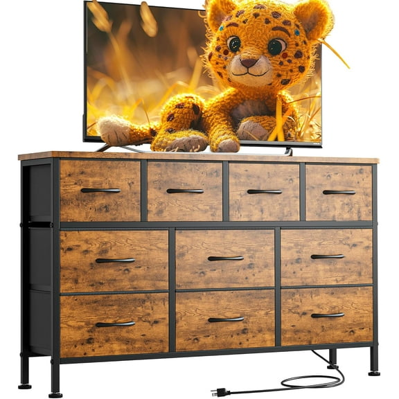 Lulive 10 Drawer Dresser for Bedroom, Dressers TV Stand with Power Outlet, Entertainment Center Bedroom Dresser, Chest of Drawers for 55'' Long TV, Wide Fabric Dresser for Storage and Organization