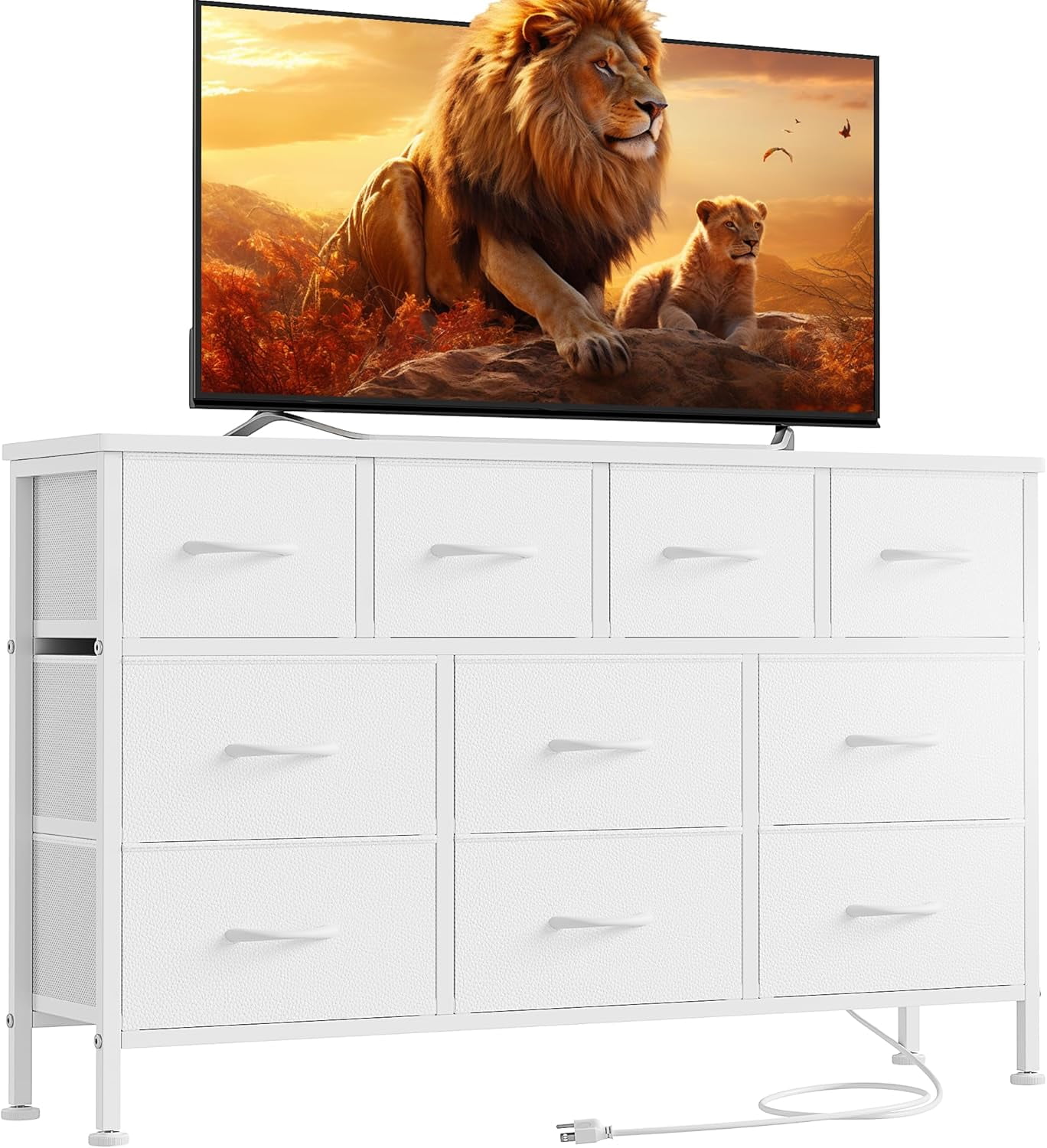 White 10-Drawer Fabric Dresser TV Stand with Power Outlet