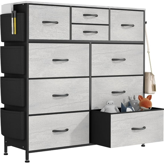 Lulive 10 Drawers Dresser for Bedroom, Chest of Drawers with Side Pockets and Hooks, PU Storage Dresser, Organizer Unit for Living Room, Hallway, Closet (Oakl)