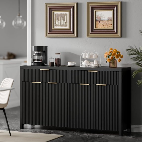 Lulive Black Fluted Buffet Cabinet with Storage 55 inch Wood Large ...