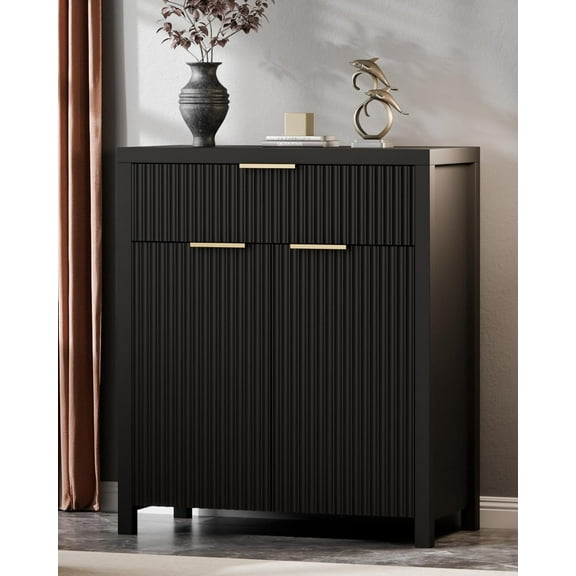 Lulive Black Fluted Storage Cabinet with Drawers Buffet Sideboard Cabinet with Adjustable Shelves for Kitchen Living Room, Kitchen, Entryway