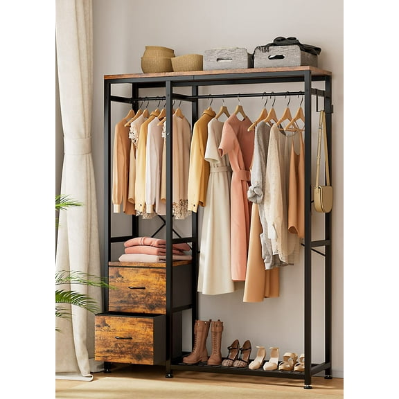 Lulive Clothes Rack, Heavy Duty Garment Rack for Hanging Clothes, Clothing Racks with Shelves, 2 Fabric Drawers, 4 Hooks, 2 Hanging Rods, Freestanding Closet Organizer, Rustic Brown
