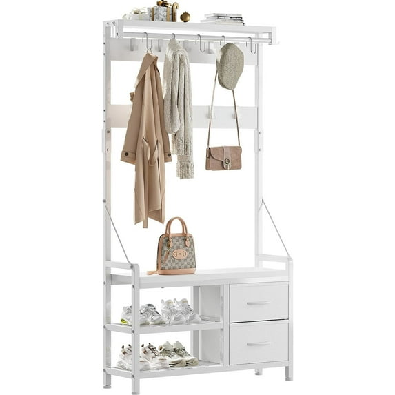 Lulive Hall Tree, 31.5” Entryway Bench with Coat Rack freestanding, 5 in 1 Intelligent Design Shoe Bench and Wall Rack 17 Hooks and Drawers (White)