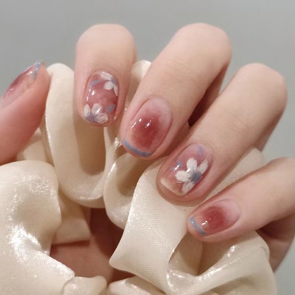 LulkiHome 24Pcs Pink Gradient Cloud Short Square Press On Nails, Nude Reusable Fake Nail Tips for Sweet Daily Manicure