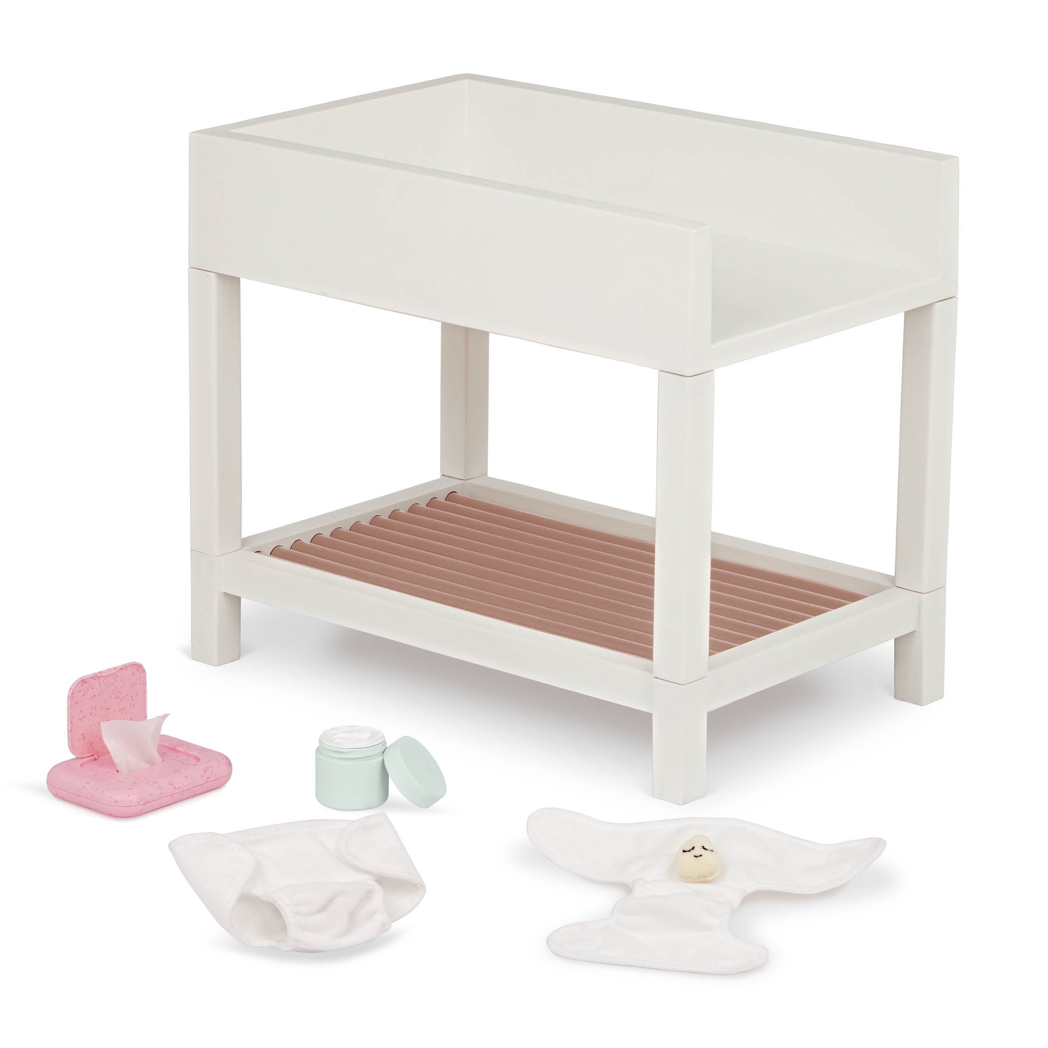 White and Beige Wooden Doll Changing Table with Accessories Set