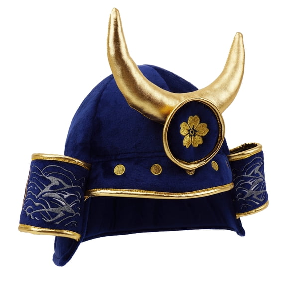 Lullaberry Blue Shadow Samurai Helmet  Soft Plush Japanese Warrior Costume Hat for Kids Ages 3+  Pretend Play Samurai Dress Up Helmet with Gold Horns & Embroidered Details  Plush Role Play Accesso