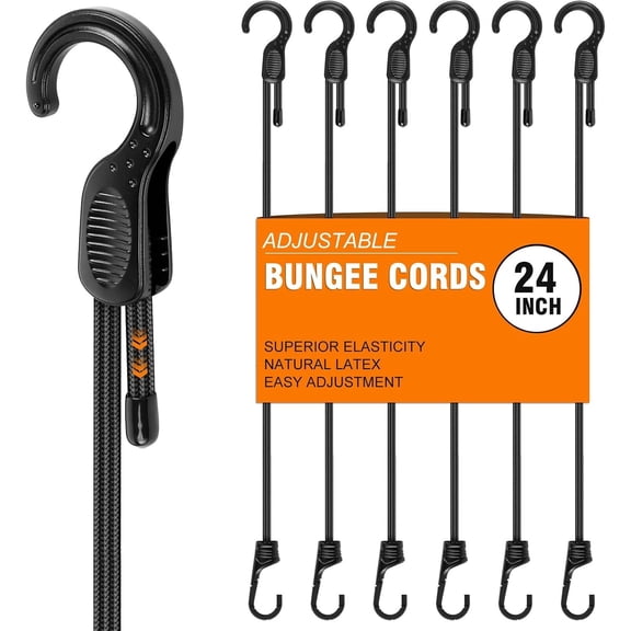 Lullahome Adjustable Bungee Cords, Heavy Duty Elastic Straps with Metal Hooks, 24 inch Latex Tie Downs for Cargo Camping Luggage, 6 Pack