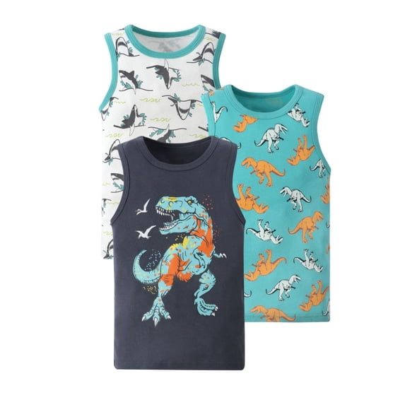 Lullu 3-Pack Boys Cotton Tank Top Cartoon Print Round Neck Sleeveless Shirt, Sizes 2-10