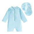 thumbnail image 1 of Lullu Baby Boy's UPF 50+ Striped Long Sleeve Rash Guard One-Piece Swimsuit with Sun Hat, 1 of 8