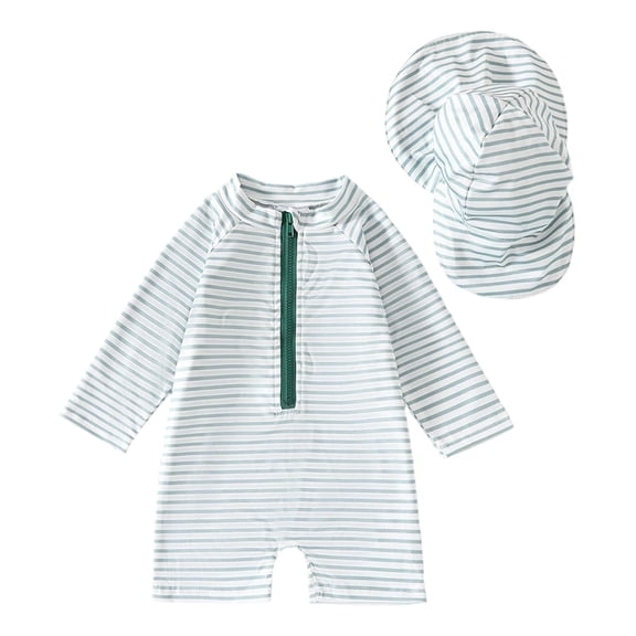 Lullu Baby Boy's UPF 50+ Striped Long Sleeve Rash Guard One-Piece Swimsuit with Sun Hat