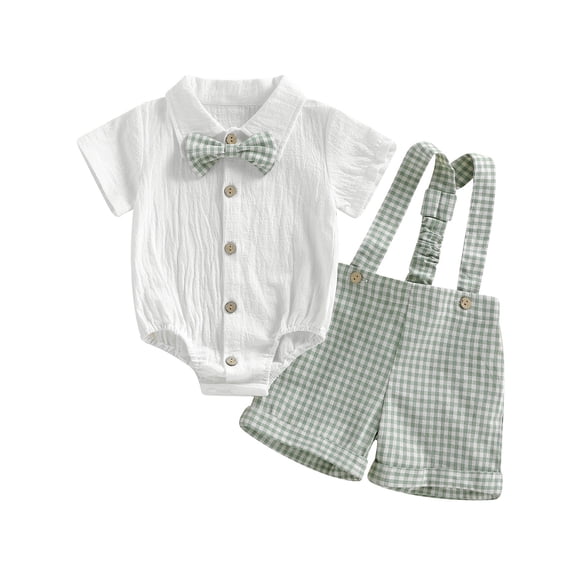 Lullu Baby Boys Outfits Linen Short Sleeve Romper Striped Suspenders Shorts Set, Sizes 0-18 Months