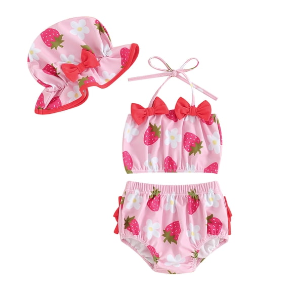 Lullu Baby Girls Cute Halter Bikini Set with Sun Hat 3-Piece Swimsuit, Sizes 0-24 Months