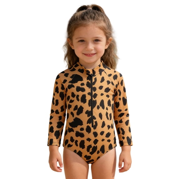 Lullu Baby Girls One-Piece Swimsuit Half Zip Long Sleeve Rash Guard Swimwear with UPF50+