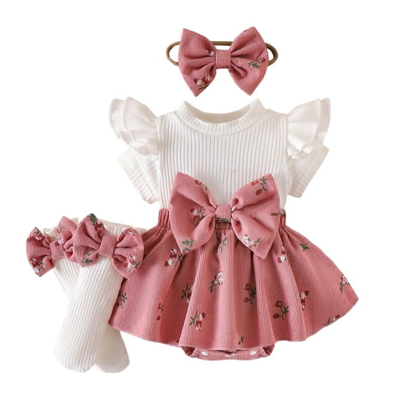 Lullu Baby Girls Outfits Flutter Sleeve Ribbed Romper Bow Socks Headband 3Pcs Set, Sizes 0-12 Months