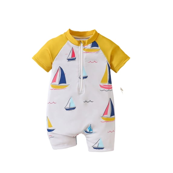 Lullu Baby Swimsuit Boy UPF 50+ Short Sleeve Zip up Rash Guard One-Piece Bathing Suit Swimwear