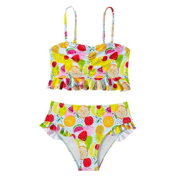 Lullu Bikini Set for Girls Fruit Print Ruffle Swimsuits Beach Bathing Suit, Sizes 5-14