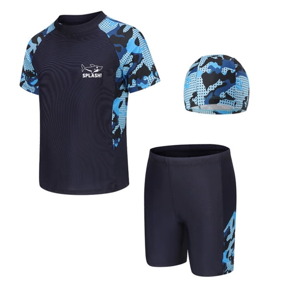 Lullu Boy's 3-Piece Swimsuit UPF 50+ Short Sleeve Rash Guard Swim Trunks with Swimming Cap