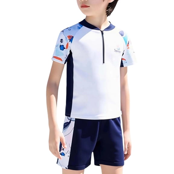 Lullu Boy's Half Zip Short Sleeve Rash Guard Swim Shorts 2-Piece Swimsuit, Sizes 3-12